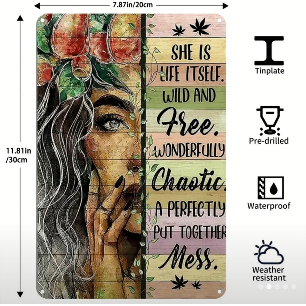 Retro Girl Metal Sign "Perfectly Chaotic" Vintage Style Bohemian wall sign decor - Picture 6 of 6